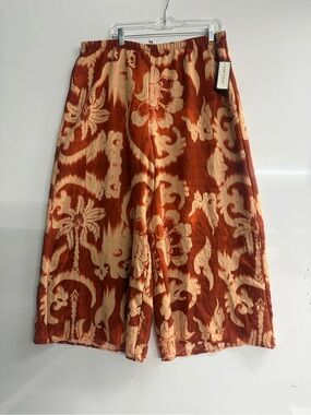 Boot-Cut Floral Print Wide-Leg Pants - Rust/Cream